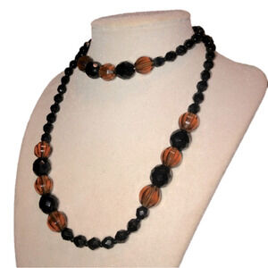 VTG Facet Cut Glass Bead Necklace Art Deco Style Brown & Black 29.5”